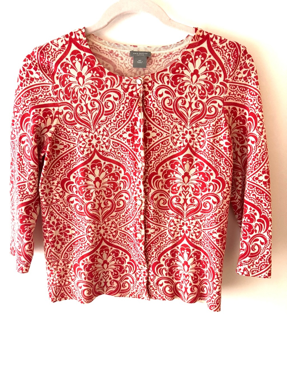 Ann Taylor Red and Cream Printed Cotton-Blend Cardigan